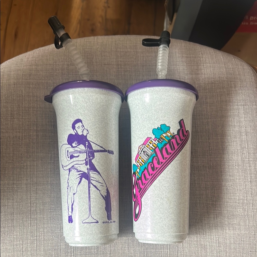 2x Vintage Graceland Souvenir Tumblers with Straws